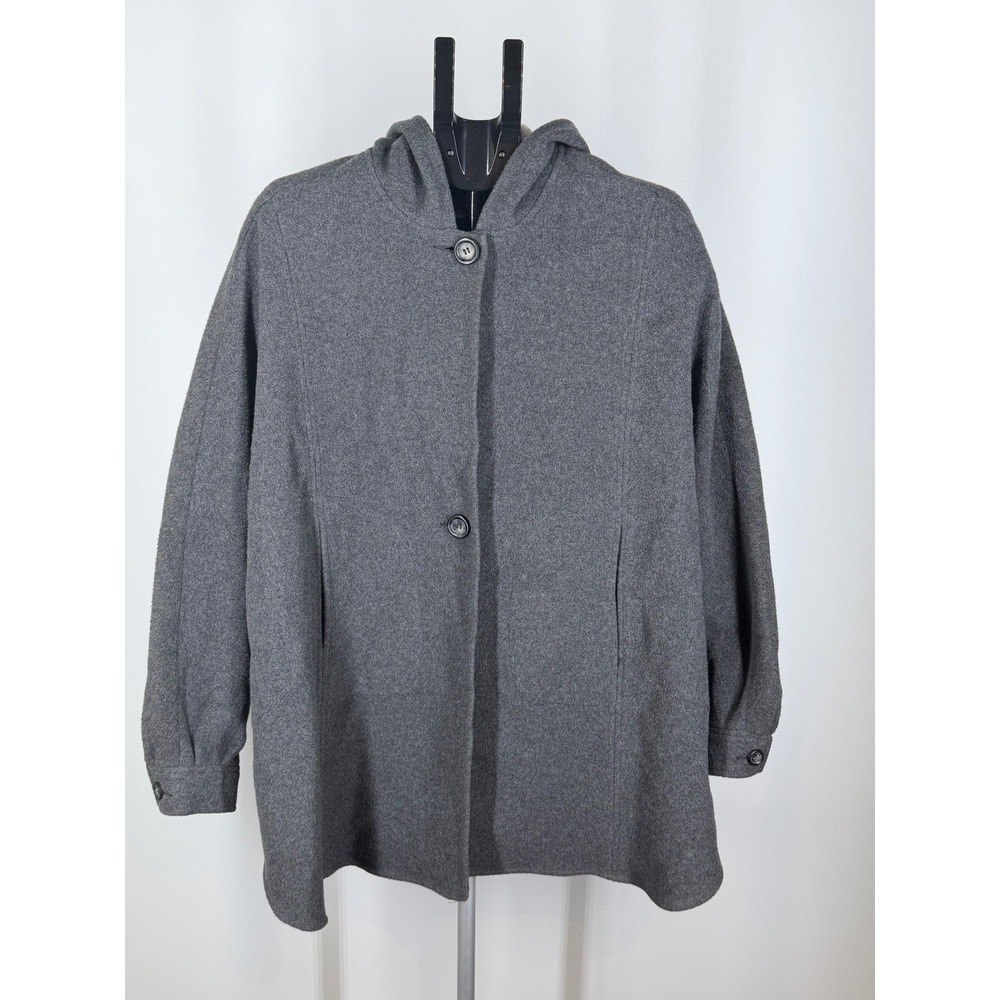 Gray Wool Blend Hooded Cape Coat Button Front Poncho Jacket Pockets One Size